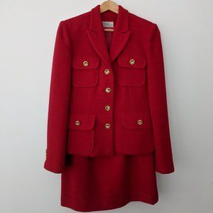 red bouclé wool skirt suit vintage 90s